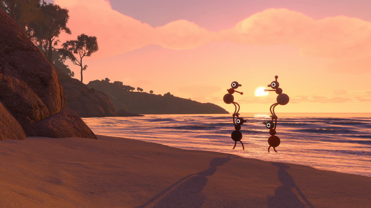 Big Walkの公式スクリーンショット：夕暮れの浜辺を歩く2人のキャラクター