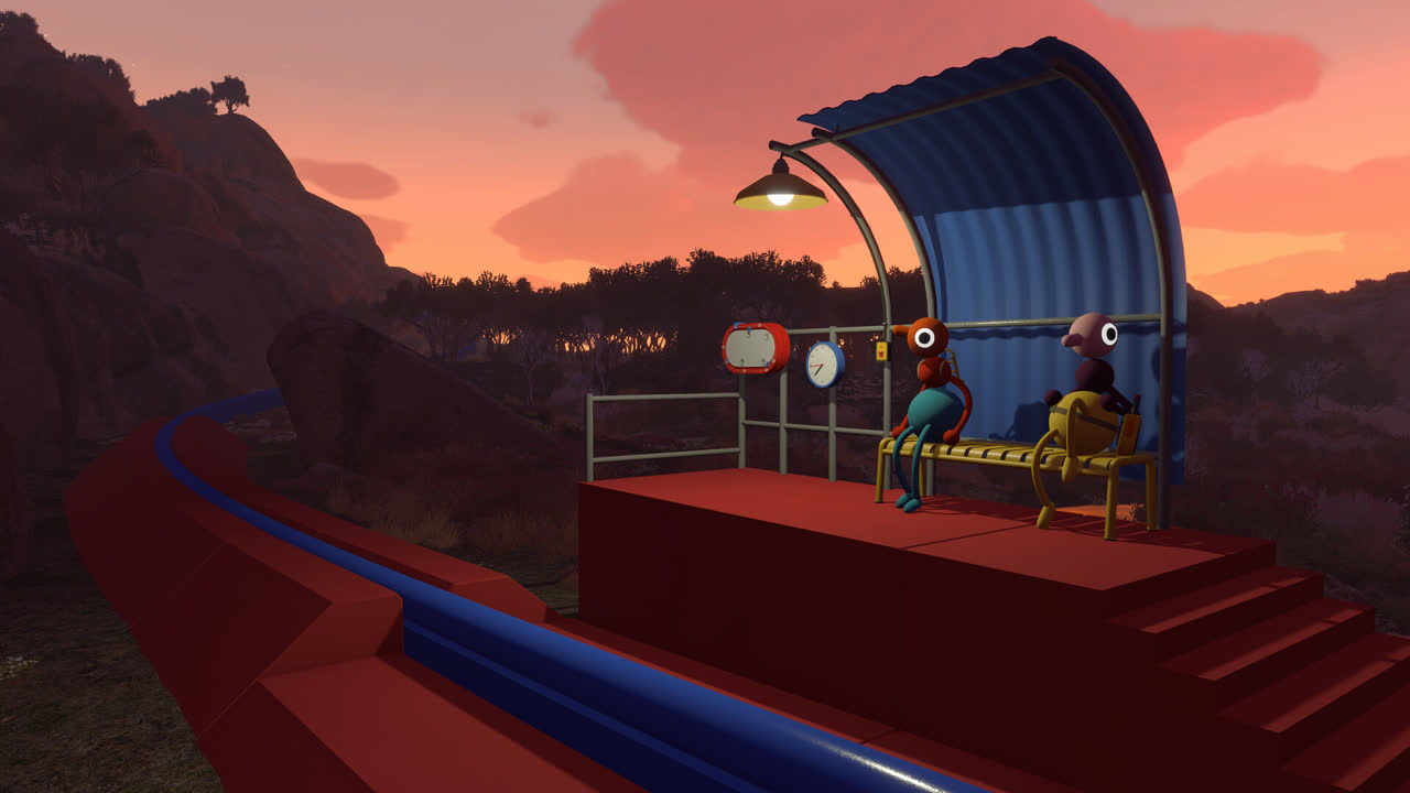 Big Walk official screenshot: two characters waiting at a roadside shelter at dusk