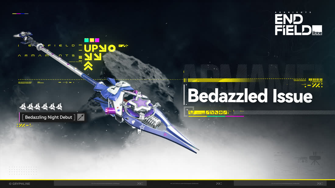 Official Endfield armament banner art for [Bedazzled Issue], carrying Liino's signature 6-star weapon Bedazzling Night Debut
