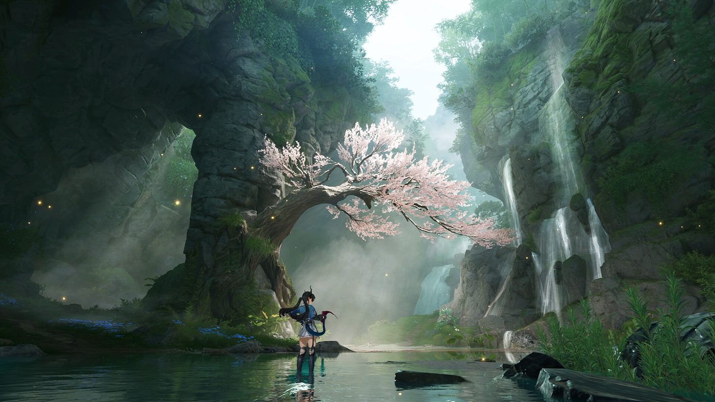 A water-filled gorge with industrial structures in Arknights: Endfield
