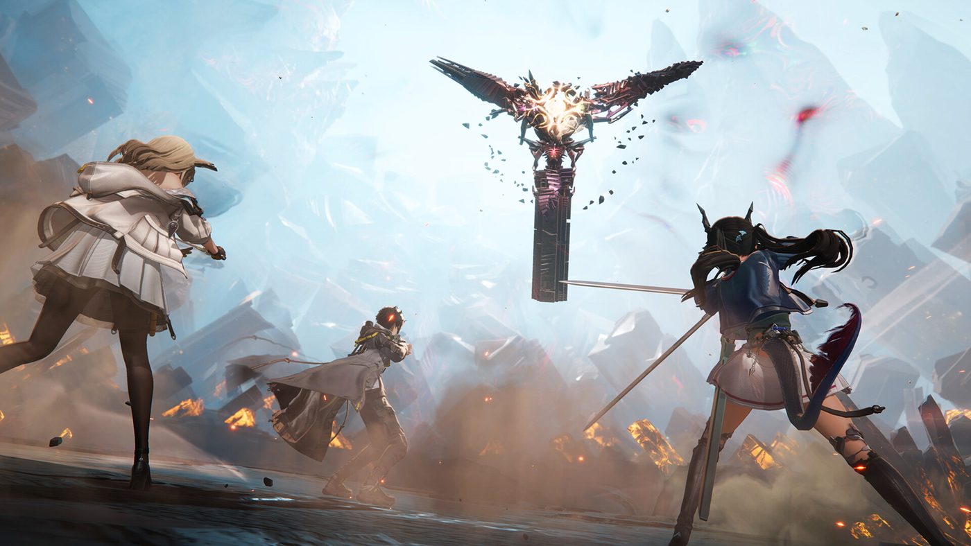 Three Arknights Endfield operators facing a floating boss construct in a crystalline arena