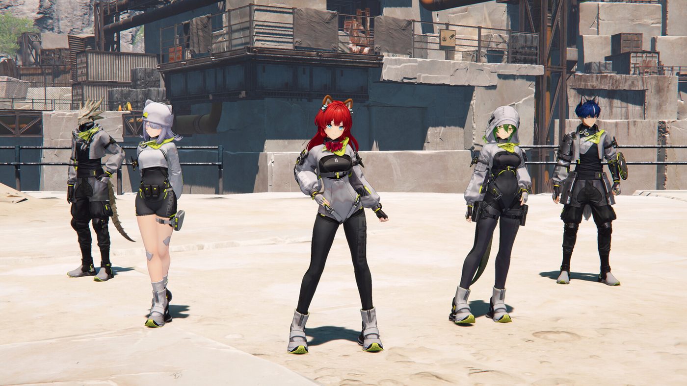 Five Arknights Endfield operators posed together in a group shot