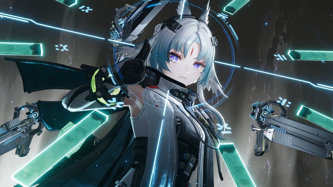 An Arknights: Endfield operator surrounded by floating weapon options in a selection interface