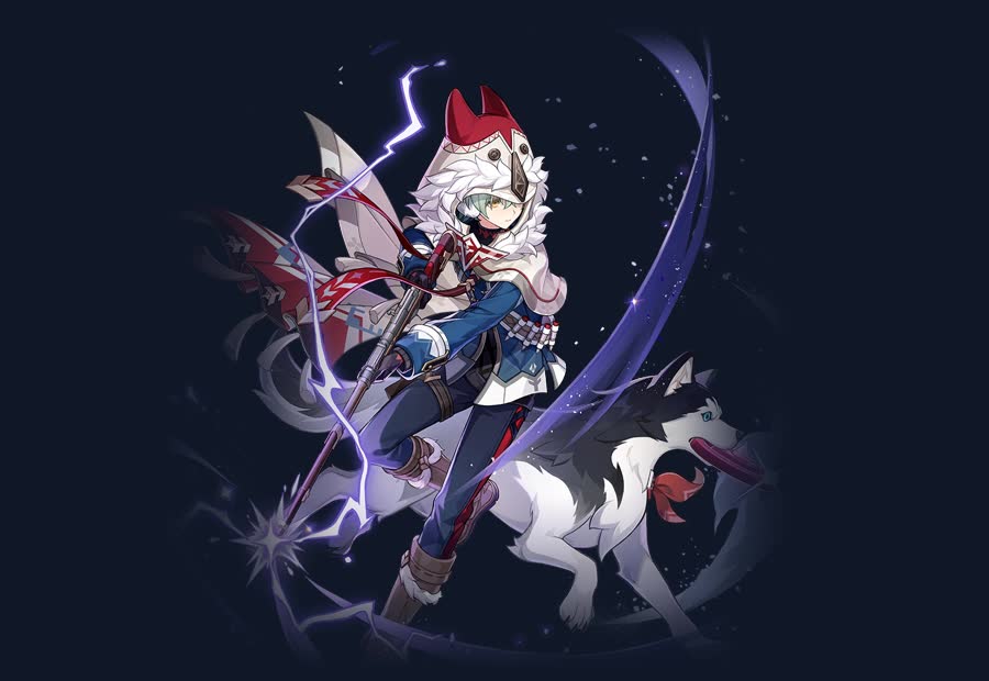 Official HoYoverse artwork of Alyosha: a polearm user in a red-and-white hood, arcing Electro around him, with a husky at his side