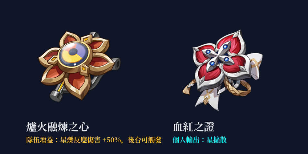 爐火融煉之心與血紅之證的生之花並排，標註隊伍增益與個人輸出
