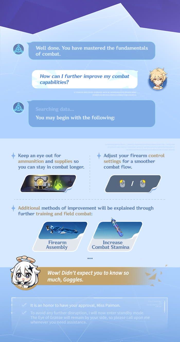 HoYoverse's official Snezhnaya guide panel on firearm combat: watch ammunition and supplies, adjust firearm control settings, then Firearm Assembly and Increase Combat Stamina