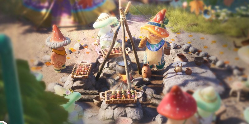 Mushroom-people grilling skewers around a campfire, the setting for the 2.9 cooking-defence minigame