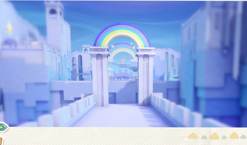 A pale blue dreamlike garden zone with a rainbow arch between stone pillars, from the 2.9 notice