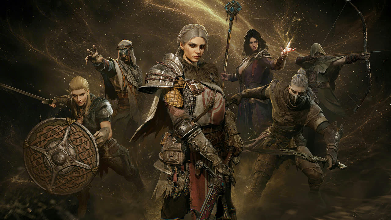 Mistfall Hunter official screenshot: a four-person party — shield, sword, staff and bow — fighting side by side
