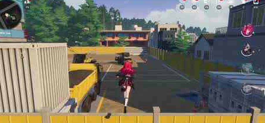 A construction site in Neverness to Everness with a yellow dump truck parked behind hoarding, the player character standing on the road beside it