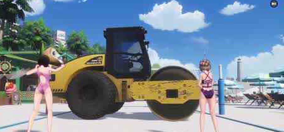 A road roller driven onto the beach volleyball court in Neverness to Everness, noticeably lower than the net